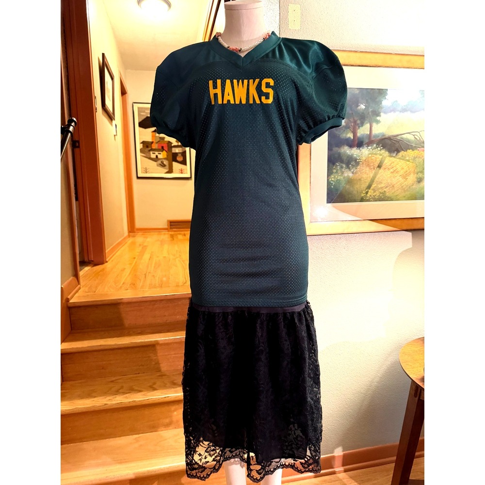 S Women HAWKS Football Jersey Reversible (Green/White) Mesh Puff Sleeve V Neck